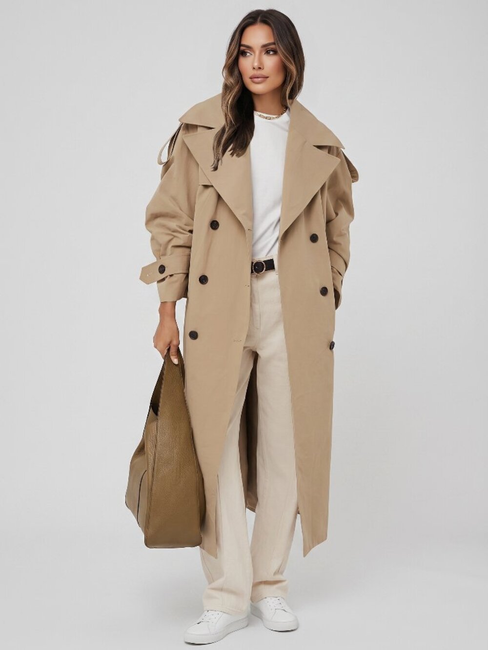 Women's Khaki Oversized Belted Trench Coat Long Double Breasted Jacket - Picture 1 of 4